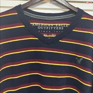 American Eagle Outfitters Men's V Neck Sweater - Navy,Burgundy,Yellow Stripes